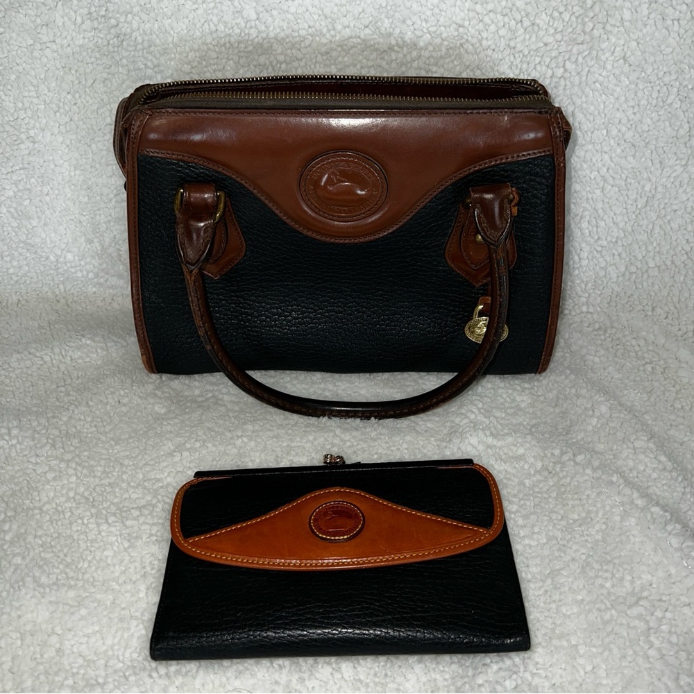 Vintage Dooney & Bourke Brown and Black Leather Handbag with Wallet